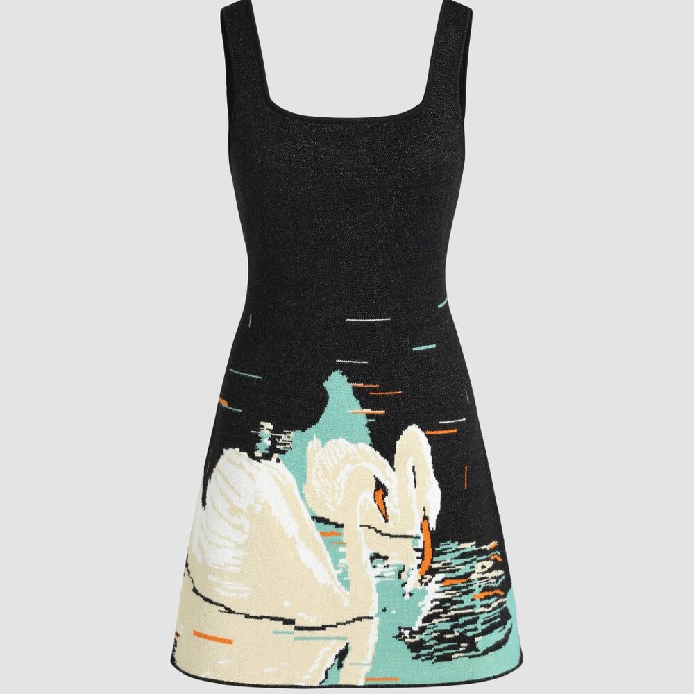 Swan Print Knitted Mini Dress L